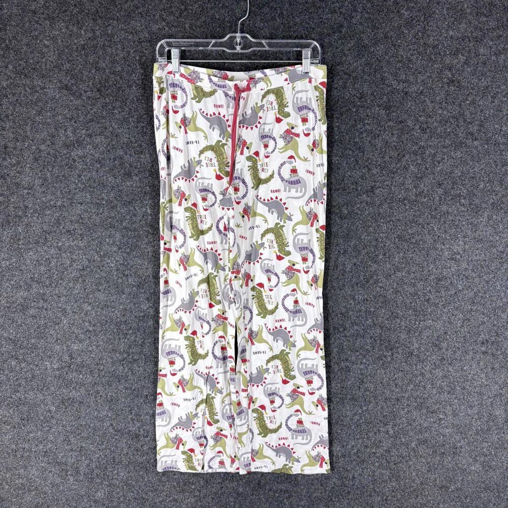 Max Studio Pajama Pants Women M Medium White Dinosaur Print Drawstring Sleepwear